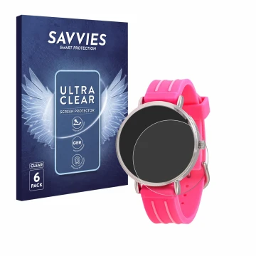 Face avant d’un emballage produit avec le logo de la marque Savvies. À côté, l’appareil Kiddus Children's Learning Watch est r