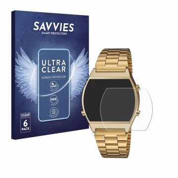 Face avant d’un emballage produit avec le logo de la marque Savvies. À côté, l’appareil Casio Retro B640WB est représenté avec