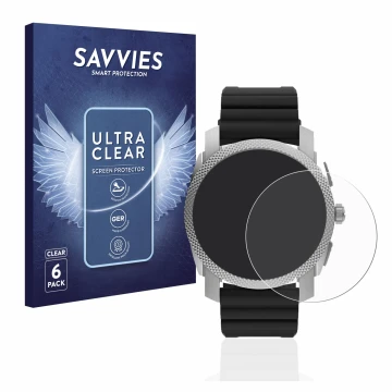 Face avant d’un emballage produit avec le logo de la marque Savvies. À côté, l’appareil Fossil Gen 6 Hybrid Machine (45mm) est