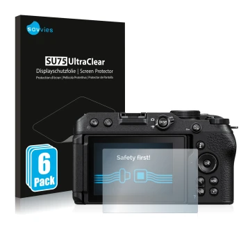 Face avant d’un emballage produit avec le logo de la marque Savvies. À côté, l’appareil Nikon Z 30 est représenté avec la prot