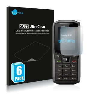 Face avant d’un emballage produit avec le logo de la marque Savvies. À côté, l’appareil Crosscall Core-S4 est représenté avec 