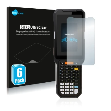 Face avant d’un emballage produit avec le logo de la marque Savvies. À côté, l’appareil Point Mobile PM451 est représenté avec