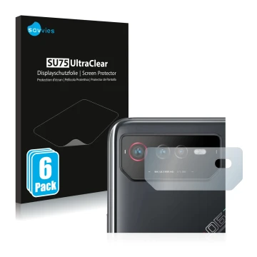 Face avant d’un emballage produit avec le logo de la marque Savvies. À côté, l’appareil ASUS ROG Phone 6 (Caméra UNIQUEMENT) e