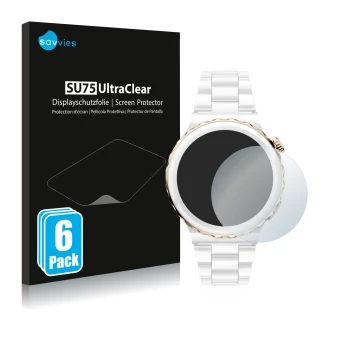 Face avant d’un emballage produit avec le logo de la marque Savvies. À côté, l’appareil Huawei Watch GT 3 Pro Ceramic (43mm) e