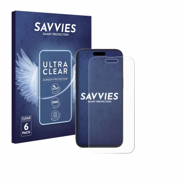 Face avant d’un emballage produit avec le logo de la marque Savvies. À côté, l’appareil Apple iPhone 14 Pro Max est représenté