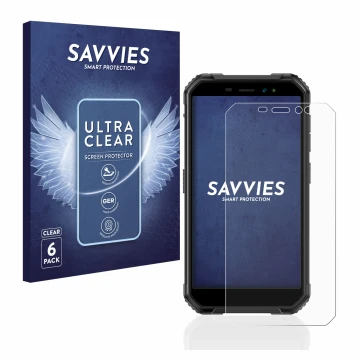 Face avant d’un emballage produit avec le logo de la marque Savvies. À côté, l’appareil Ulefone Armor X6 Pro est représenté av