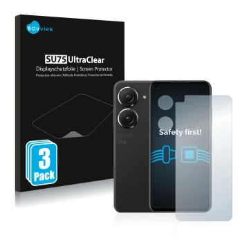 Face avant d’un emballage produit avec le logo de la marque Savvies. À côté, l’appareil ASUS ZenFone 9 (Avant+Caméra) est repr