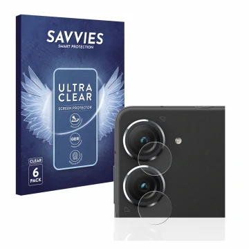 Face avant d’un emballage produit avec le logo de la marque Savvies. À côté, l’appareil ASUS ZenFone 9 (Caméra UNIQUEMENT) est