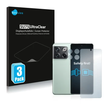 Face avant d’un emballage produit avec le logo de la marque Savvies. À côté, l’appareil OnePlus 10T 5G (Avant+Caméra) est repr