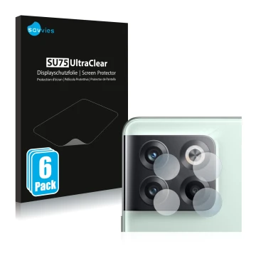 Face avant d’un emballage produit avec le logo de la marque Savvies. À côté, l’appareil OnePlus 10T 5G (Caméra UNIQUEMENT) est