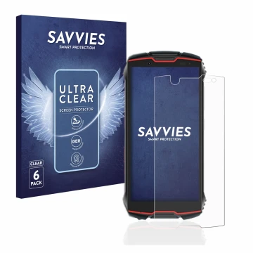 Face avant d’un emballage produit avec le logo de la marque Savvies. À côté, l’appareil Cubot King Kong Mini 2 Pro est représe