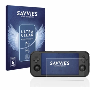Face avant d’un emballage produit avec le logo de la marque Savvies. À côté, l’appareil Retroid Pocket 3 est représenté avec l