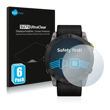 Face avant d’un emballage produit avec le logo de la marque Savvies. À côté, l’appareil Garmin Enduro 2 est représenté avec la