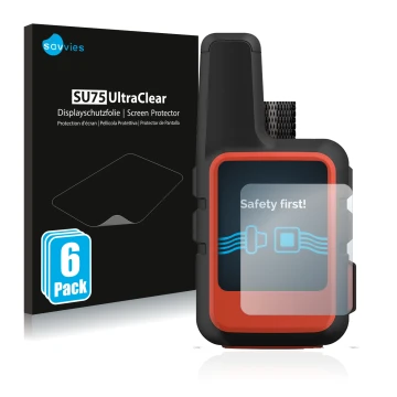 Face avant d’un emballage produit avec le logo de la marque Savvies. À côté, l’appareil Garmin inReach Mini 2 est représenté a