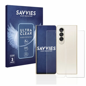 Face avant d’un emballage produit avec le logo de la marque Savvies. À côté, l’appareil Samsung Galaxy Z Fold 4 (Avant+Arrière