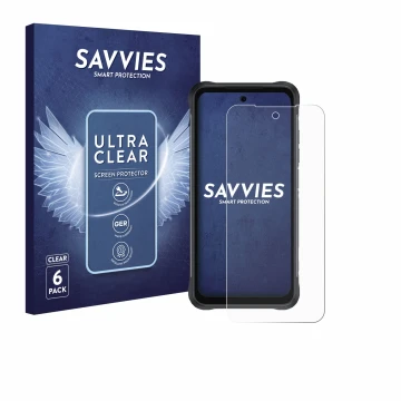 Face avant d’un emballage produit avec le logo de la marque Savvies. À côté, l’appareil Umidigi Bison 2 Pro est représenté ave
