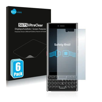 Face avant d’un emballage produit avec le logo de la marque Savvies. À côté, l’appareil Unihertz Titan Slim est représenté ave