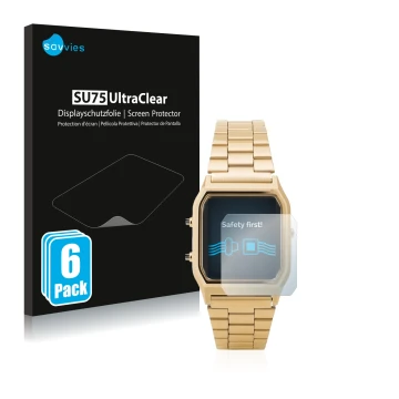 Face avant d’un emballage produit avec le logo de la marque Savvies. À côté, l’appareil Casio AQ-230GA est représenté avec la 