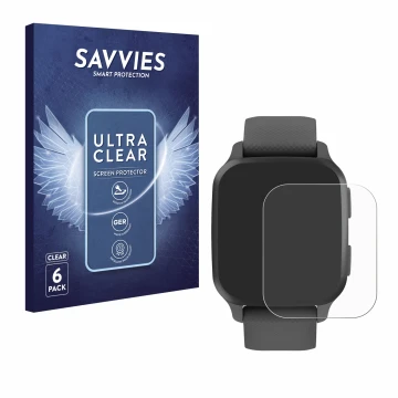 Face avant d’un emballage produit avec le logo de la marque Savvies. À côté, l’appareil Garmin Venu Sq 2 est représenté avec l