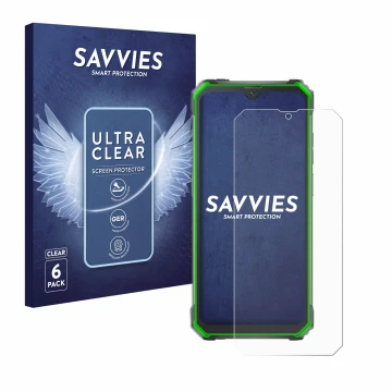 Face avant d’un emballage produit avec le logo de la marque Savvies. À côté, l’appareil Blackview BV7100 est représenté avec l