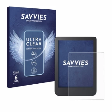 Face avant d’un emballage produit avec le logo de la marque Savvies. À côté, l’appareil Kobo Clara 2E est représenté avec la p