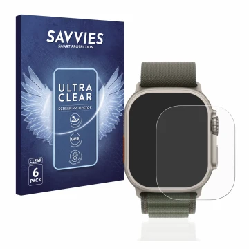 Face avant d’un emballage produit avec le logo de la marque Savvies. À côté, l’appareil Apple Watch Ultra (49 mm) est représen