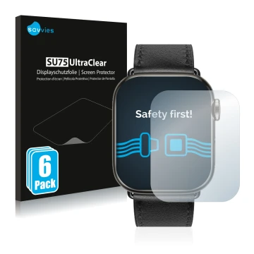 Face avant d’un emballage produit avec le logo de la marque Savvies. À côté, l’appareil Apple Watch Hermès (41 mm) est représe