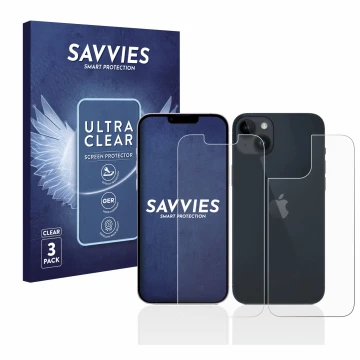 Face avant d’un emballage produit avec le logo de la marque Savvies. À côté, l’appareil Apple iPhone 14 (Avant+Arrière) est re
