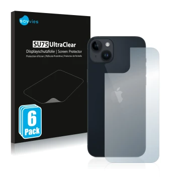 Face avant d’un emballage produit avec le logo de la marque Savvies. À côté, l’appareil Apple iPhone 14 Plus (Arrière) est rep