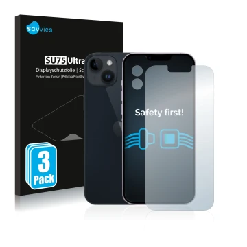 Face avant d’un emballage produit avec le logo de la marque Savvies. À côté, l’appareil Apple iPhone 14 Plus (Avant+Caméra) es