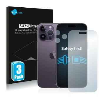 Face avant d’un emballage produit avec le logo de la marque Savvies. À côté, l’appareil Apple iPhone 14 Pro Max (Avant+Caméra)