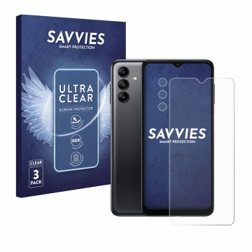 Face avant d’un emballage produit avec le logo de la marque Savvies. À côté, l’appareil Samsung Galaxy A04s (Avant+Caméra) est