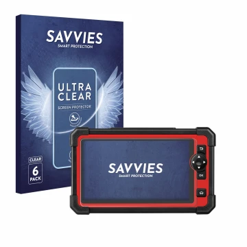 Face avant d’un emballage produit avec le logo de la marque Savvies. À côté, l’appareil Launch X-431 CRP919E est représenté av