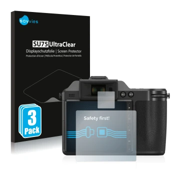 Face avant d’un emballage produit avec le logo de la marque Savvies. À côté, l’appareil Hasselblad X2D 100C est représenté ave