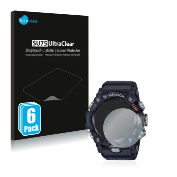 Face avant d’un emballage produit avec le logo de la marque Savvies. À côté, l’appareil Casio G-Shock Mudmaster GG-B100-1AER e