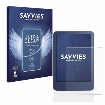 Face avant d’un emballage produit avec le logo de la marque Savvies. À côté, l’appareil Amazon Kindle Reader 2022 est représen