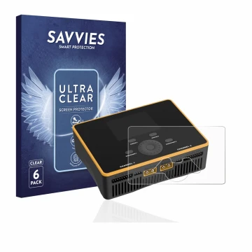 Face avant d’un emballage produit avec le logo de la marque Savvies. À côté, l’appareil Junsi iCharger DX8 Duo est représenté 