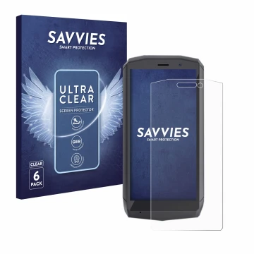 Face avant d’un emballage produit avec le logo de la marque Savvies. À côté, l’appareil Cubot Pocket est représenté avec la pr