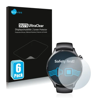 Face avant d’un emballage produit avec le logo de la marque Savvies. À côté, l’appareil Xiaomi Watch S1 Pro est représenté ave