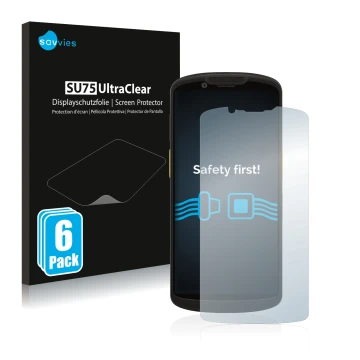 Face avant d’un emballage produit avec le logo de la marque Savvies. À côté, l’appareil Zebra TC58 est représenté avec la prot