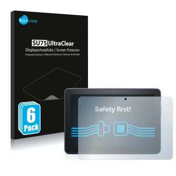 Face avant d’un emballage produit avec le logo de la marque Savvies. À côté, l’appareil Amazon Fire HD 8 2022 est représenté a