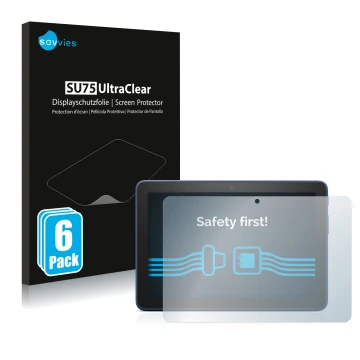 Face avant d’un emballage produit avec le logo de la marque Savvies. À côté, l’appareil Amazon Fire HD 8 Plus 2022 est représe