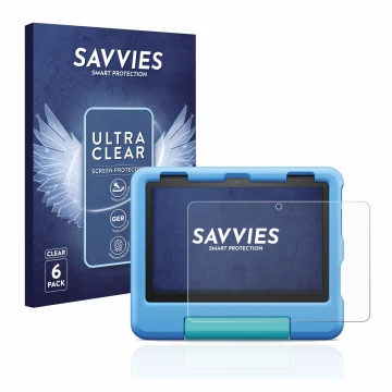 Face avant d’un emballage produit avec le logo de la marque Savvies. À côté, l’appareil Amazon Fire HD 8 Kids 2022 est représe
