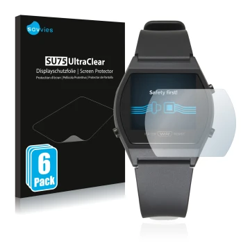 Face avant d’un emballage produit avec le logo de la marque Savvies. À côté, l’appareil Casio LW-204-1BEF est représenté avec 