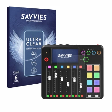 Face avant d’un emballage produit avec le logo de la marque Savvies. À côté, l’appareil Rode Rodecaster Pro II est représenté 
