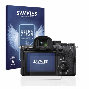 Face avant d’un emballage produit avec le logo de la marque Savvies. À côté, l’appareil Sony Alpha 7R V / a7R V est représenté