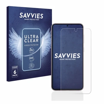 Face avant d’un emballage produit avec le logo de la marque Savvies. À côté, l’appareil Samsung Galaxy S23 est représenté avec