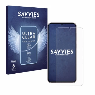 Face avant d’un emballage produit avec le logo de la marque Savvies. À côté, l’appareil Samsung Galaxy S23 Plus est représenté