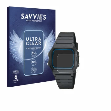 Face avant d’un emballage produit avec le logo de la marque Savvies. À côté, l’appareil Casio F-105W-1AWYEF est représenté ave