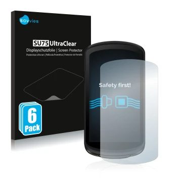 Face avant d’un emballage produit avec le logo de la marque Savvies. À côté, l’appareil Garmin Edge 1040 Solar est représenté 